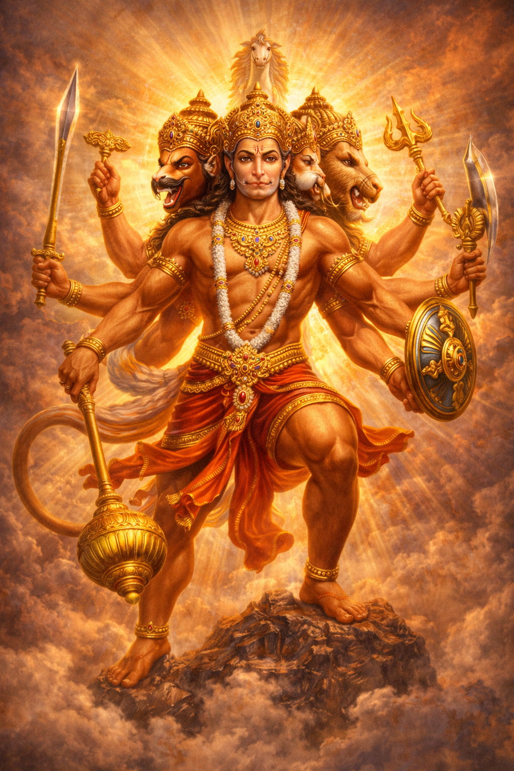 Panchmukhi Hanuman (five-faced form) with ten arms holding divine weapons, golden divine light radiating — HD devotional wallpaper