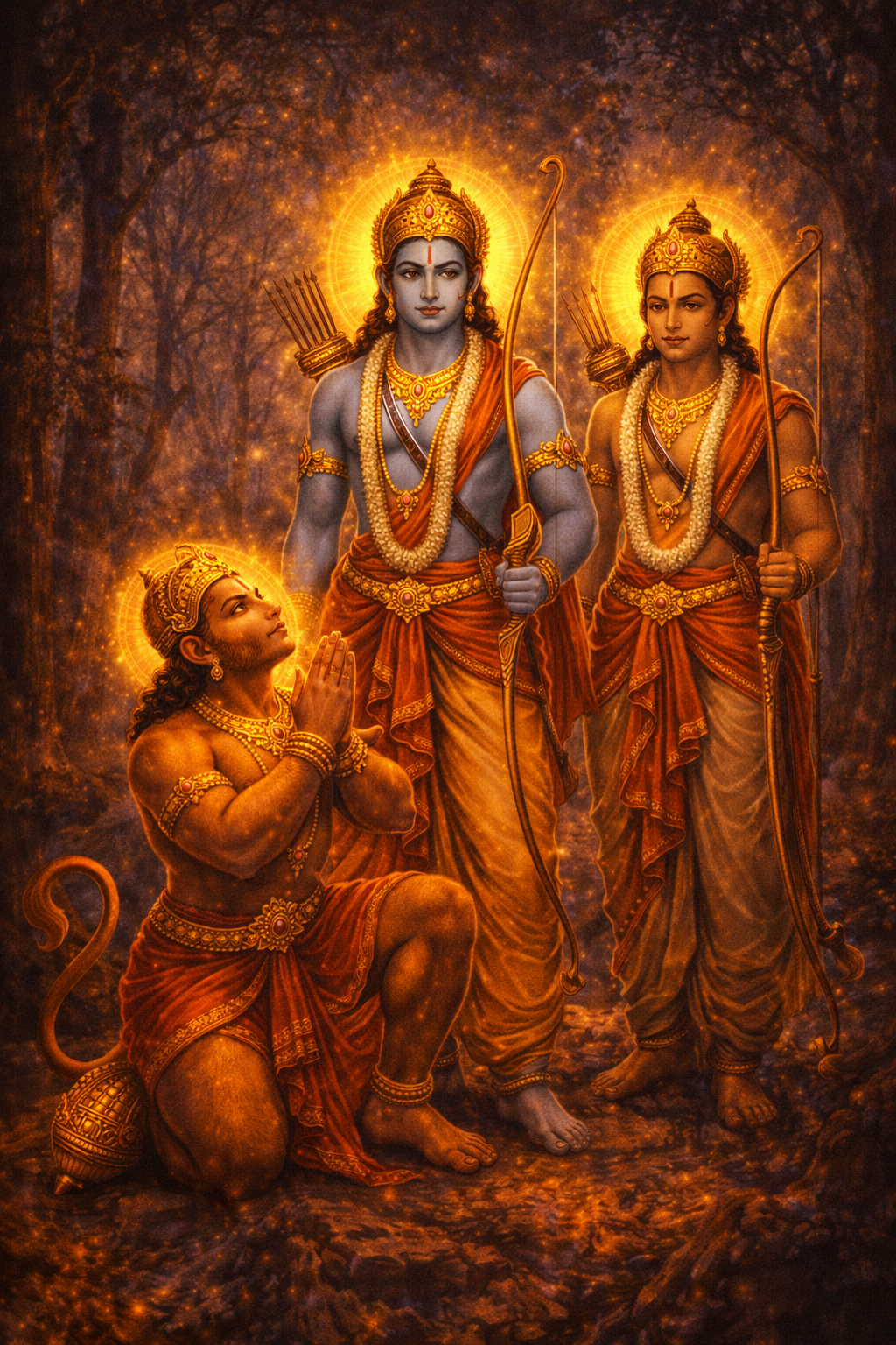 Lord Rama center with bow, Lakshmana on right with bow, Hanuman kneeling at Rama's feet with mace, all three with golden halos, forest exile setting -- HD wallpaper