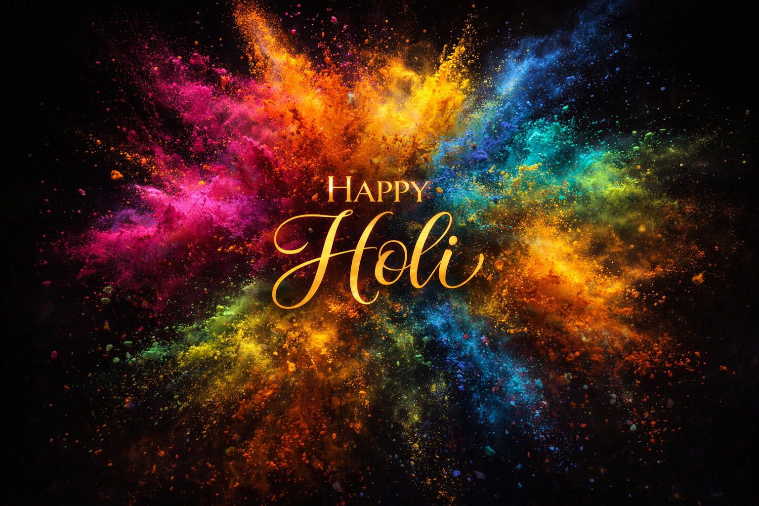 Massive explosion of vibrant colored powder (gulaal) erupting against a deep black background -- magenta, saffron, electric blue, green and gold swirling outward -- Happy Holi greeting wallpaper HD