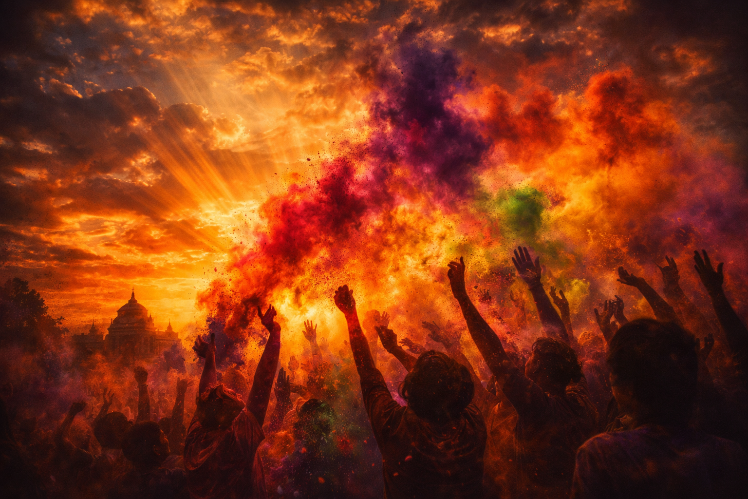Silhouettes of people throwing colored powder upward against dramatic golden sunset sky, massive clouds of pink, orange, yellow and purple gulaal rising into sunlight with temple dome silhouette -- Holi festival celebration HD wallpaper