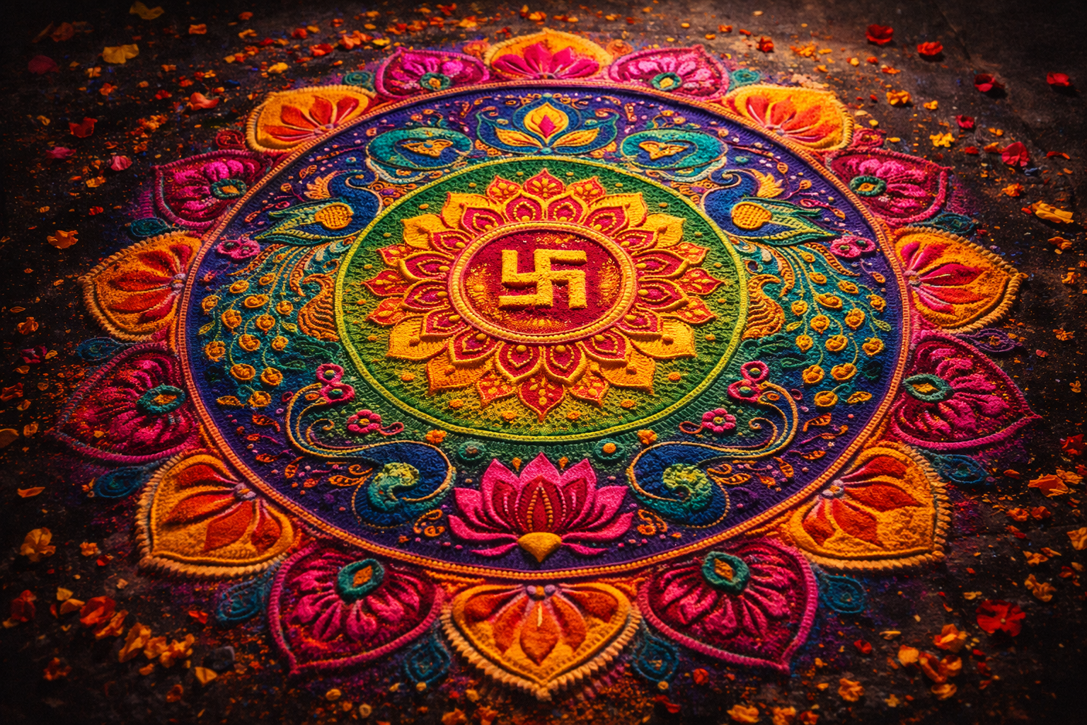 Intricate circular mandala-style Holi rangoli made entirely from vibrant colored gulaal powder, concentric patterns with lotus flowers, peacocks, paisley and swastika motifs, colors radiating in saffron, magenta, emerald, royal blue, golden yellow and deep purple -- overhead HD shot
