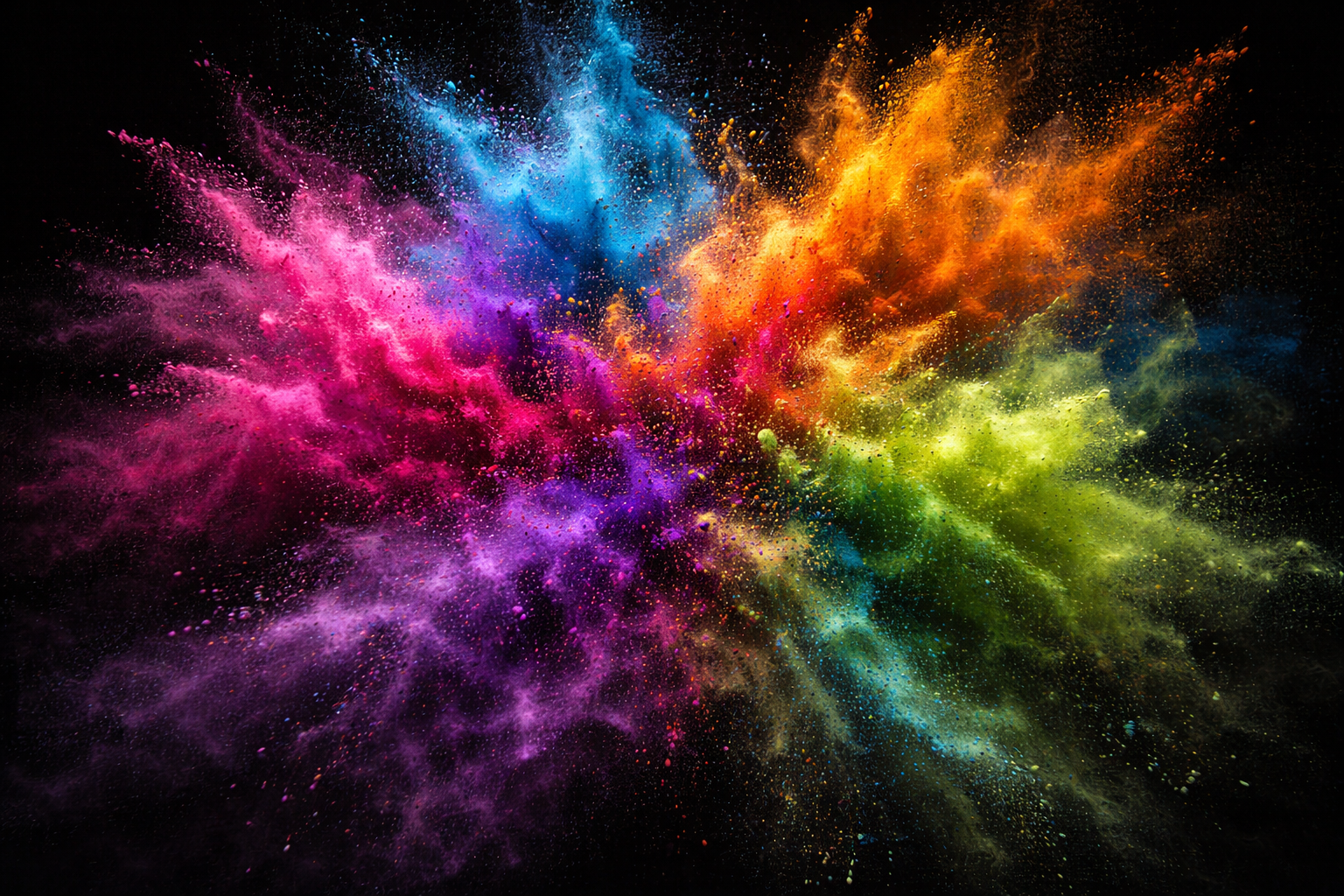 Freeze-frame moment of multiple colored powders colliding in mid-air -- magenta, electric blue, vivid orange, lime green, deep purple -- intricate swirling patterns against stark black background -- Holi 4K wallpaper