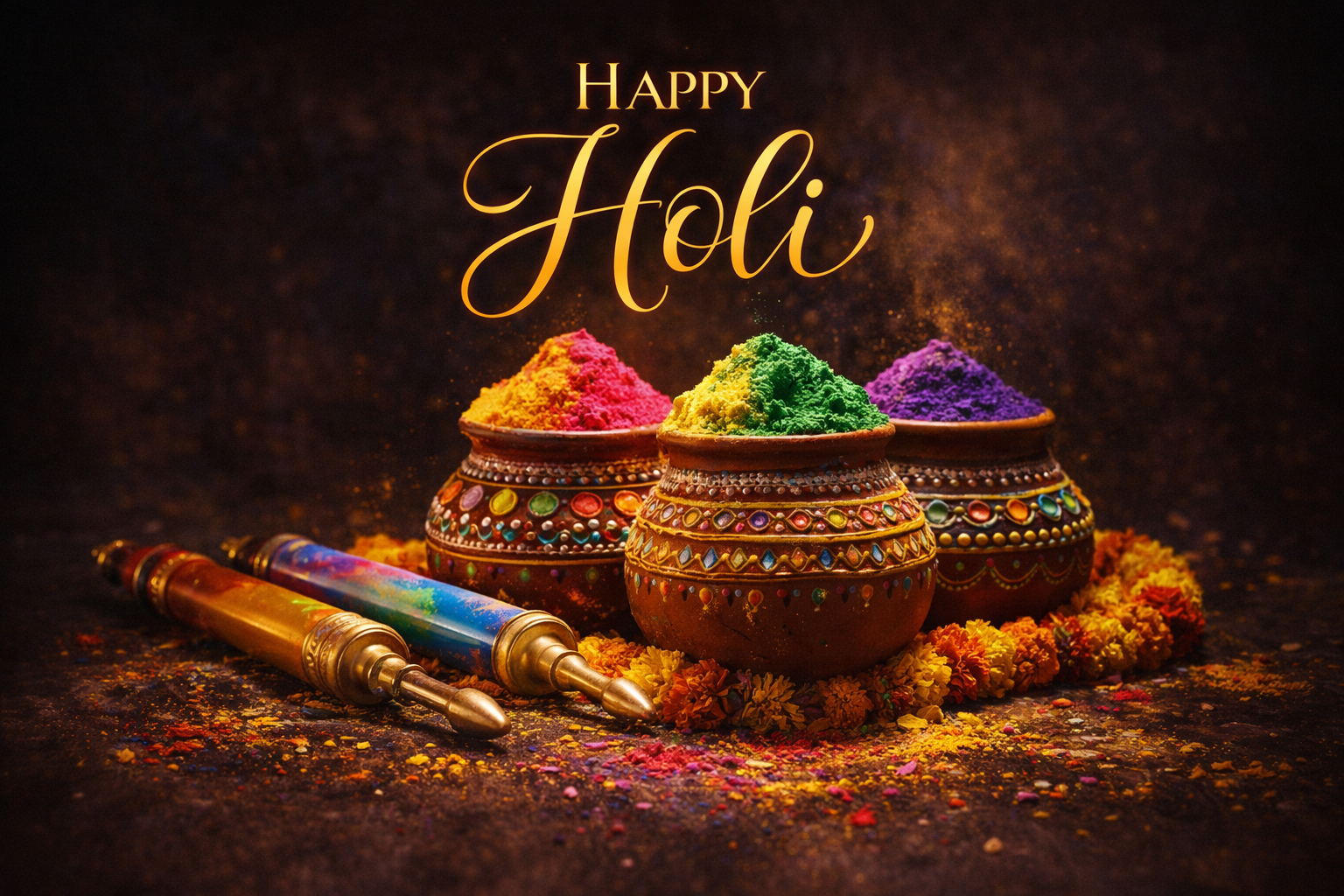 Decorated clay pots overflowing with vivid colored powder in pink, yellow, green and purple, pichkari water guns and flower garlands arranged around them, Happy Holi calligraphy text -- Holi wishes HD wallpaper