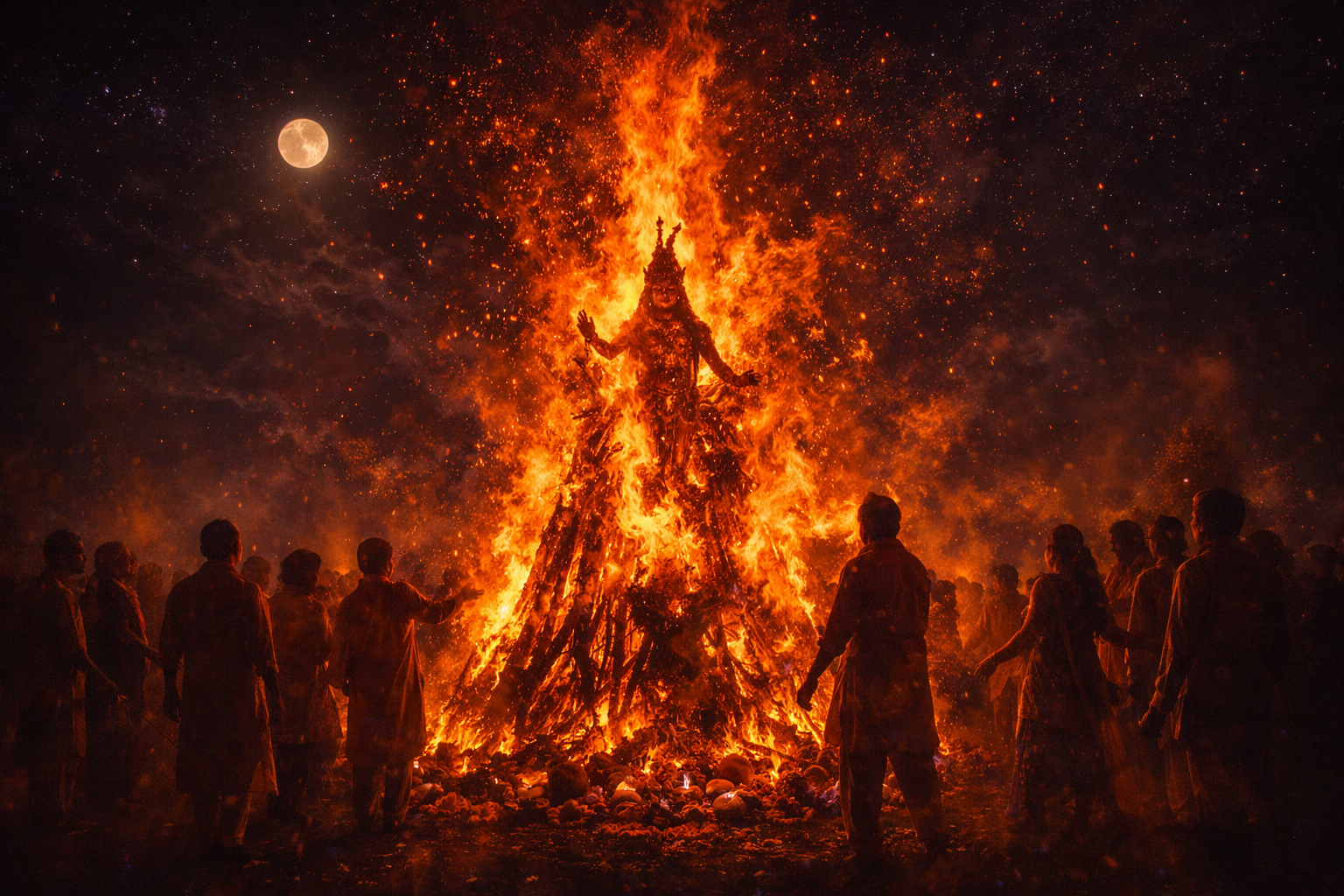 Massive ceremonial Holika Dahan bonfire blazing against dark starry night sky, towering orange and gold flames with sparks flying upward, effigy of demoness Holika within fire, devotees in silhouette performing parikrama, full moon visible -- HD wallpaper