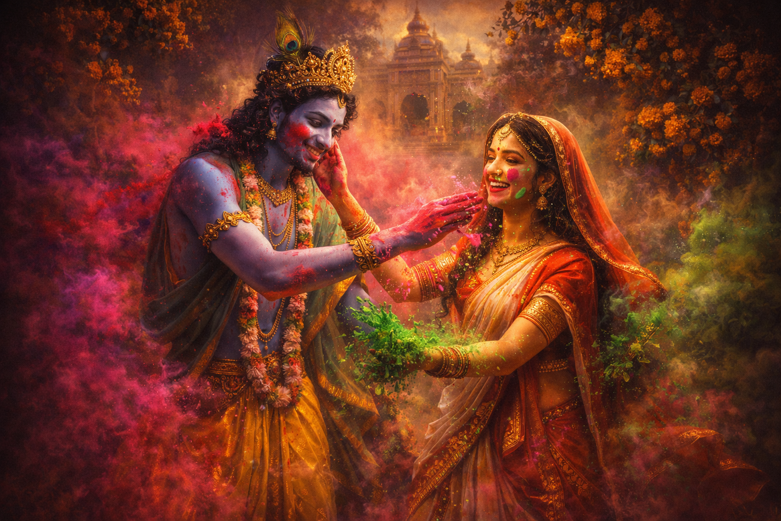 Lord Krishna applying red gulaal on Radha's face, Radha laughing joyfully, Vrindavan temple courtyard backdrop with flowering trees, clouds of colored powder surrounding the divine couple -- Radha Krishna Holi HD wallpaper
