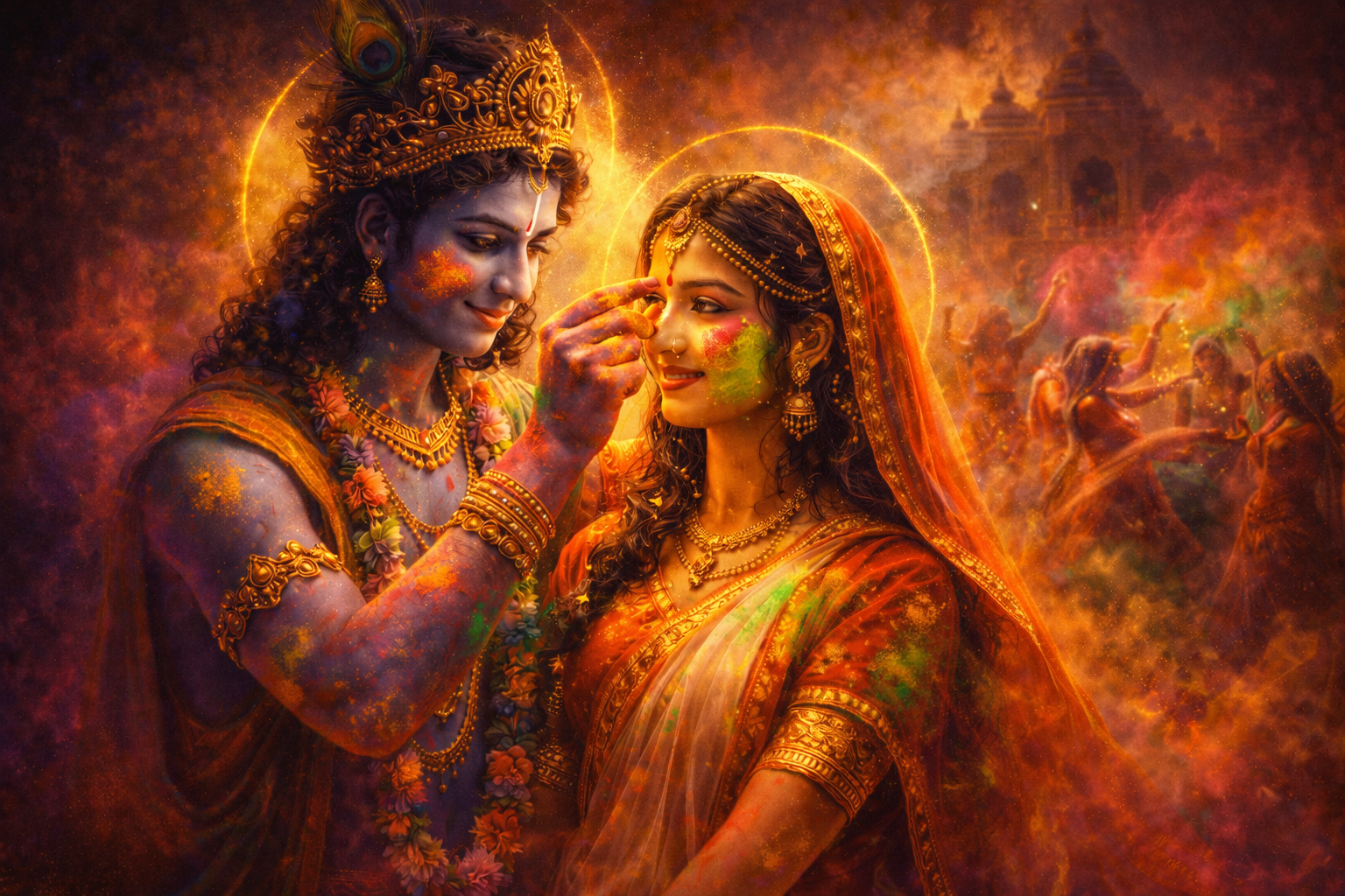Krishna gently applying saffron tilak on Radha's forehead with deep divine love, gopis dancing in background, golden halos, colored powder clouds, Braj temple architecture -- Radha Krishna Holi devotional HD wallpaper