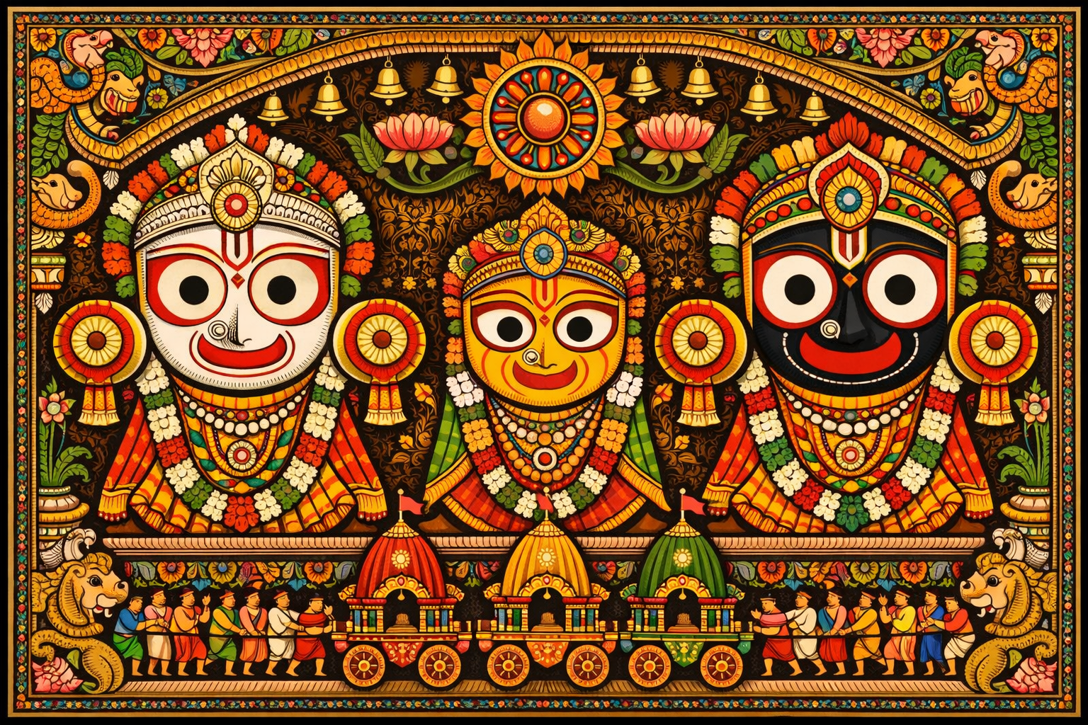 Lord Jagannath Balabhadra and Subhadra sacred trio in iconic stylized wooden form, Jagannath black with large round eyes, Balabhadra white, Subhadra yellow, Pattachitra art -- HD wallpaper