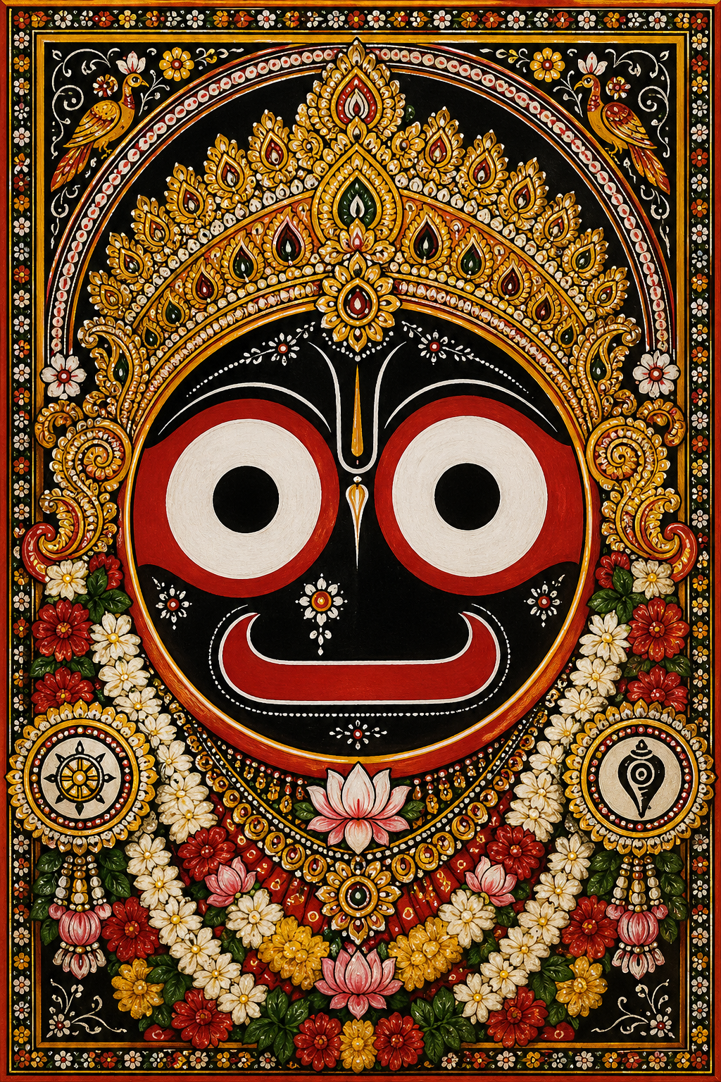 Lord Jagannath close-up iconic round face with large circular eyes, curved brows, black face with white and red details, gold crown, flower garlands, Pattachitra art -- HD wallpaper