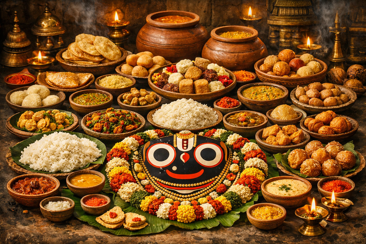 Jagannath Mahaprasad Chappan Bhog 56-item offering arranged beautifully, rice dal vegetables sweets in clay and leaf plates, temple kitchen setting, food photography devotional art -- HD wallpaper