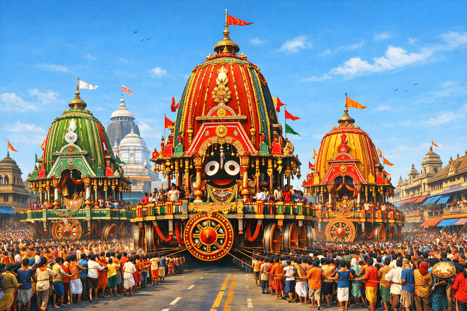 Jagannath Rath Yatra three magnificent towering chariots being pulled along wide road in Puri, Nandighosa chariot tallest in center, colorful cloth covering, festival atmosphere -- HD wallpaper
