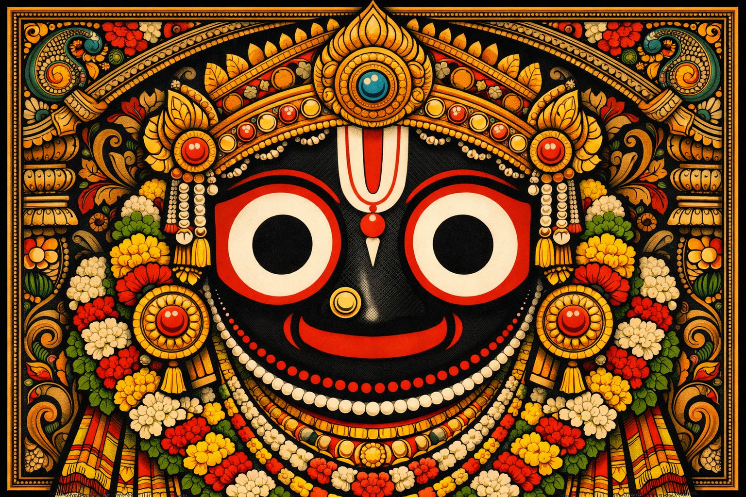 Lord Jagannath iconic round face large circular eyes, decorated with gold crown and garlands, Pattachitra folk art intricate patterns -- HD wallpaper
