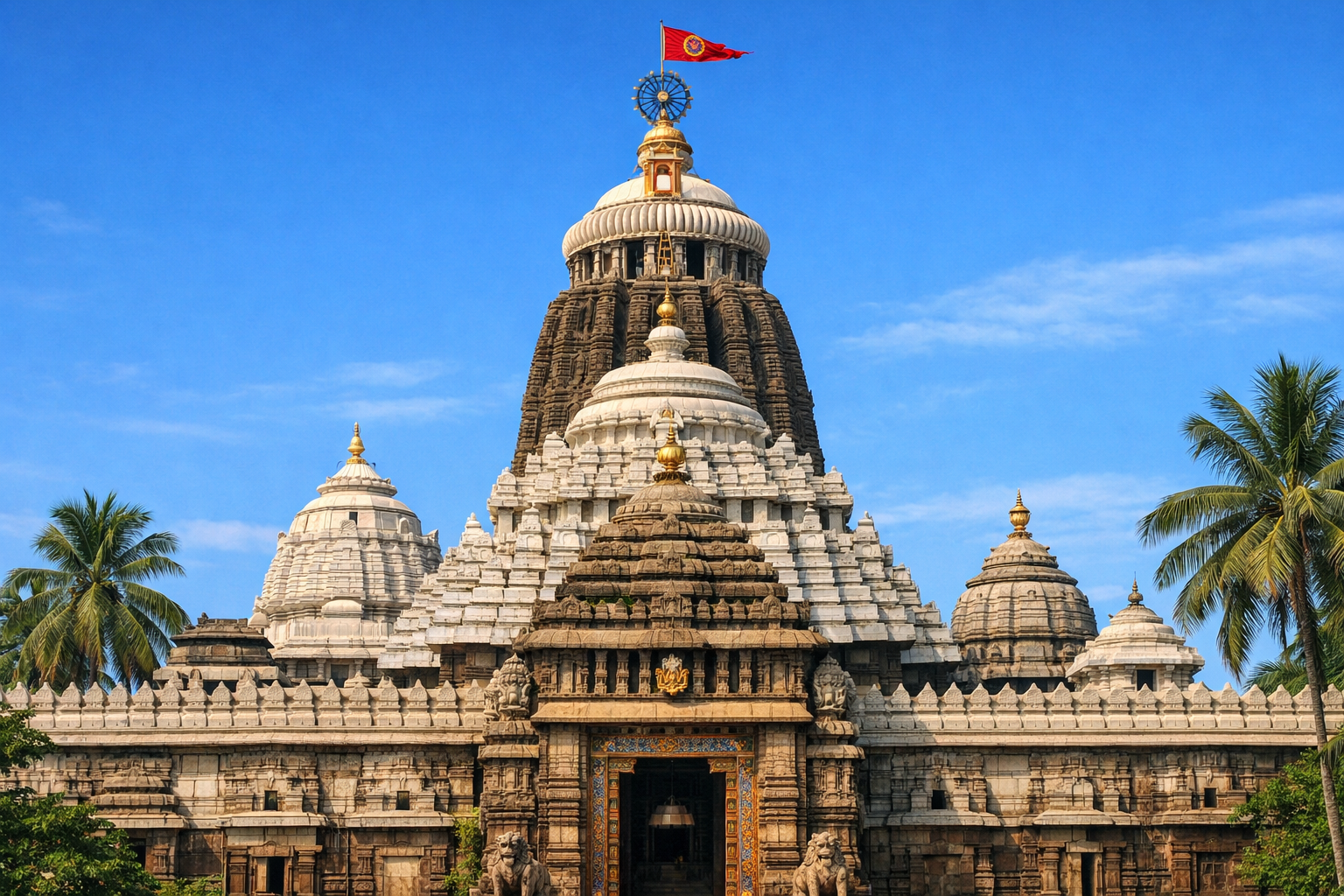 Jagannath Temple Puri magnificent 12th century temple with distinctive dome deul flying Neelachakra flag, white stone architecture, blue sky, palm trees -- HD wallpaper