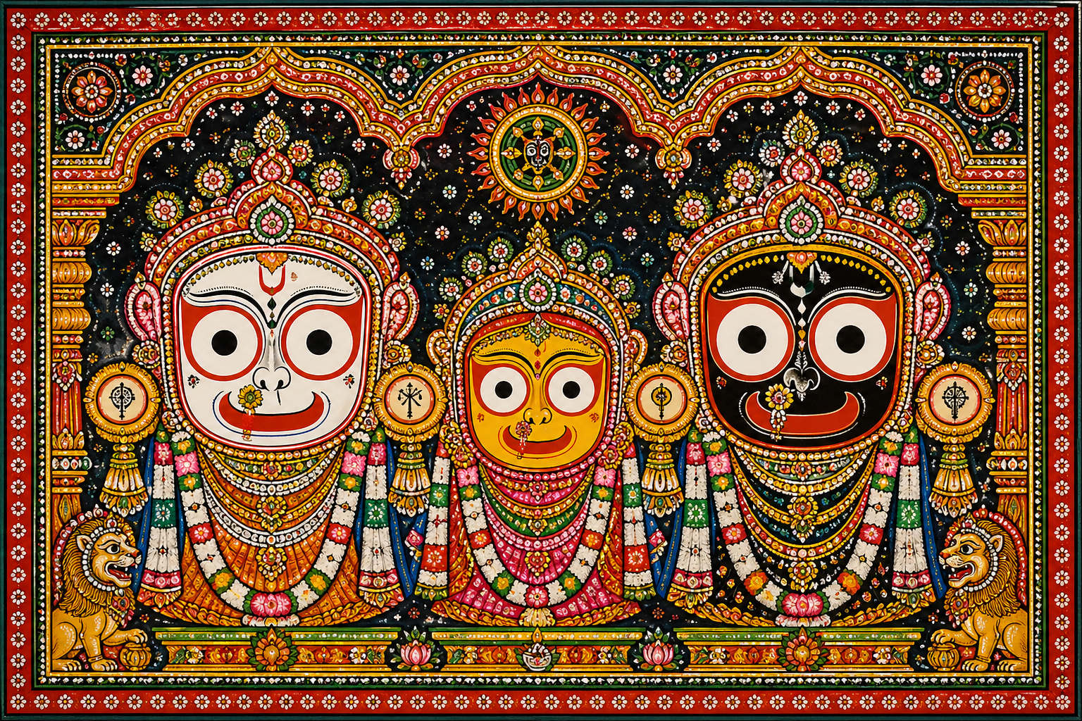 Jagannath Balabhadra Subhadra trio brightly painted in Pattachitra folk art style with Sudarshana Chakra above and ornate backdrop -- HD wallpaper