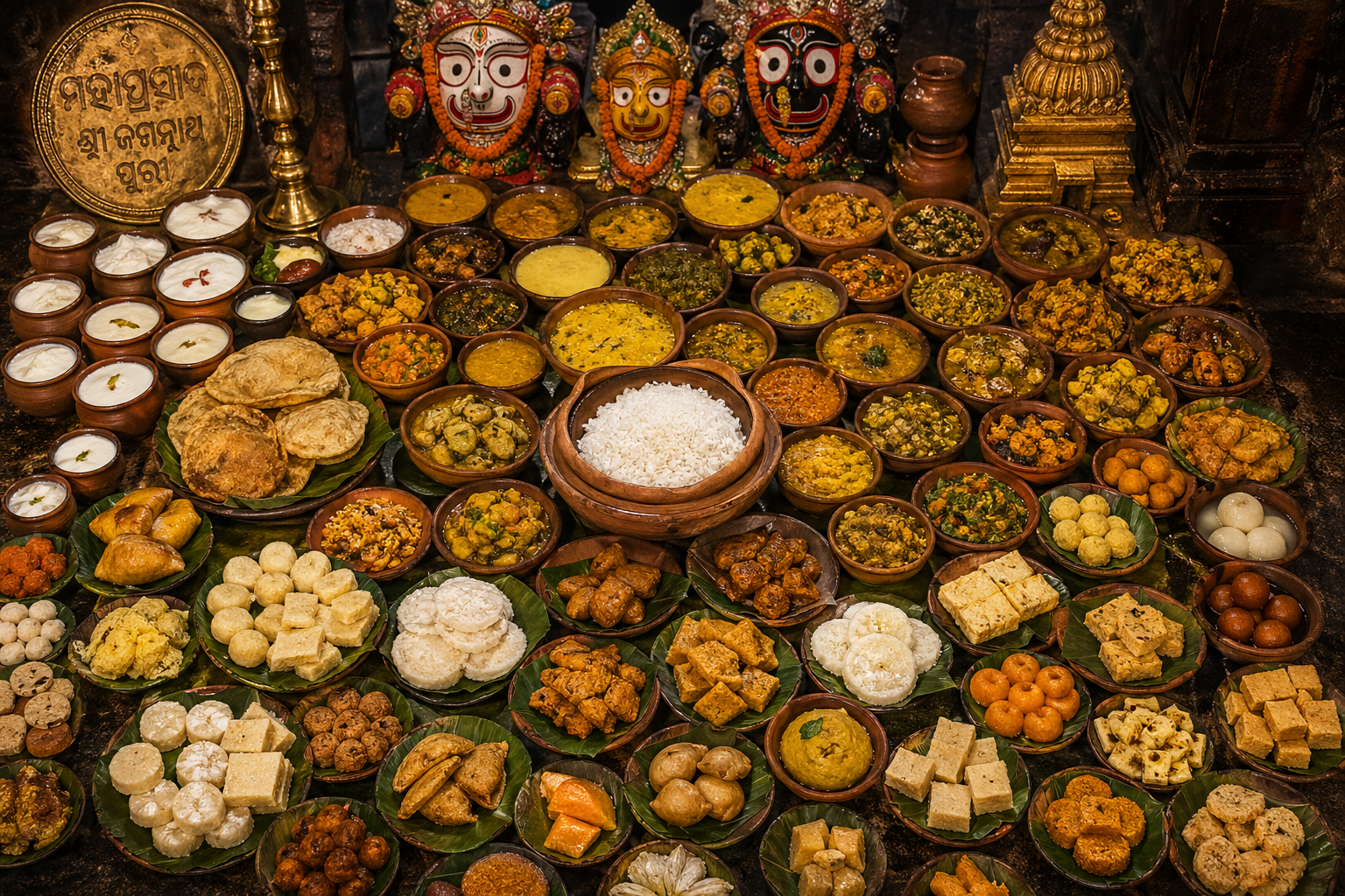 Jagannath Mahaprasad temple food offering in clay and leaf plates, rice dal vegetables sweets beautifully arranged, temple kitchen setting -- HD wallpaper