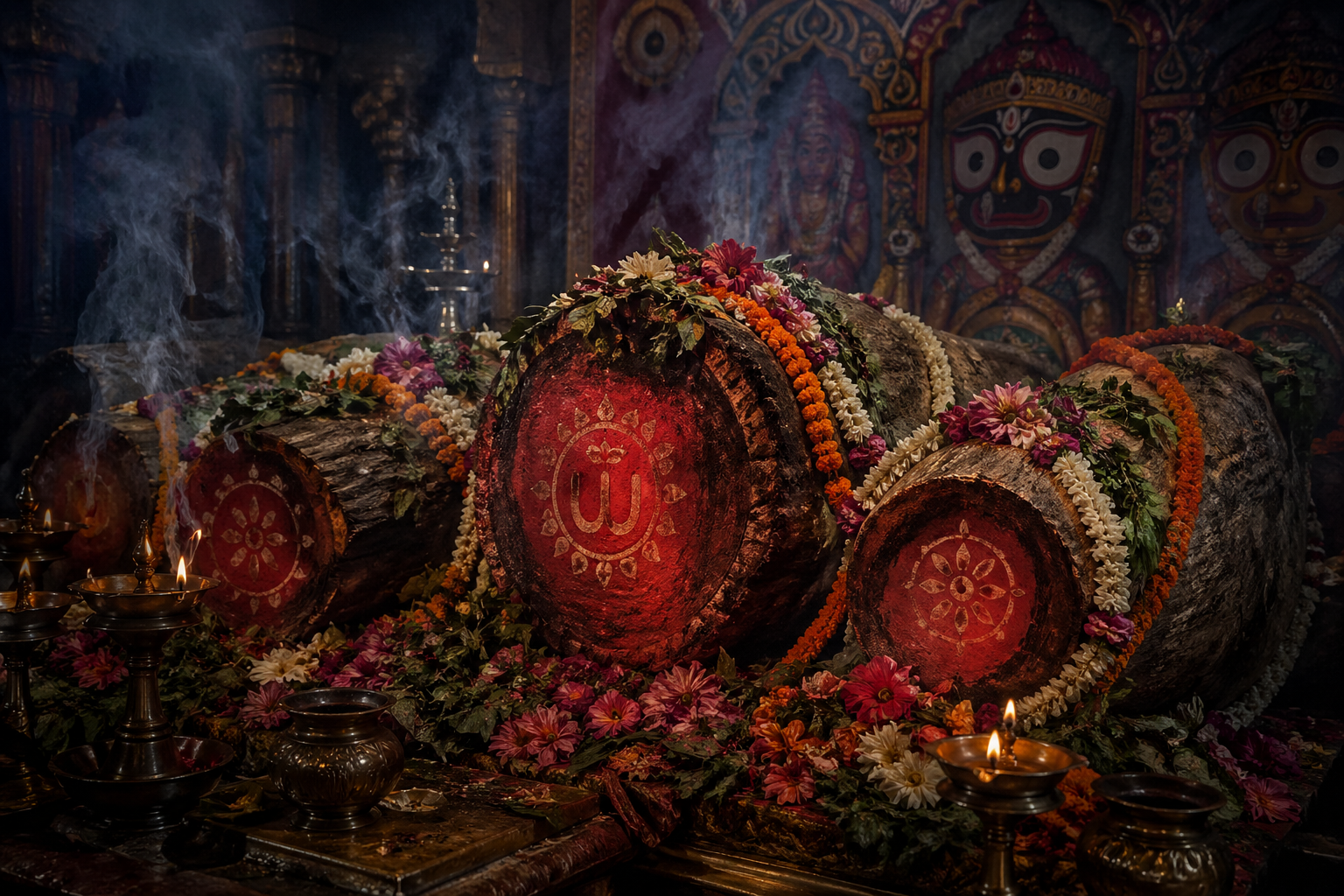 Sacred wooden logs for Nabakalebara ceremony adorned with vermillion and flower garlands, ceremonial setting, mystical incense smoke, dark reverent atmosphere -- HD wallpaper