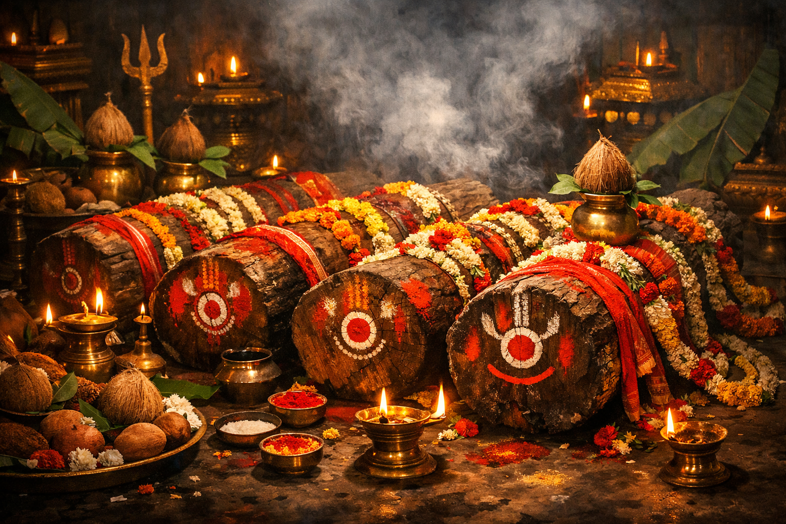 Nabakalebara sacred wooden logs adorned with vermillion, flower garlands, incense smoke, mystical dark reverent atmosphere, traditional art -- HD wallpaper