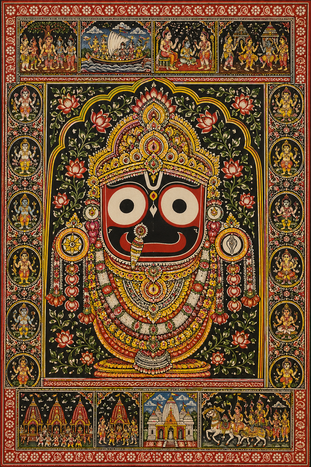 Jagannath Pattachitra folk art masterpiece with intricate floral patterns and mythological border scenes, traditional natural pigment colors on treated cloth -- HD wallpaper