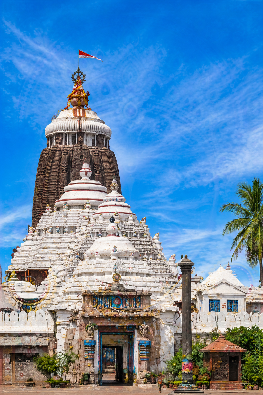 Jagannath Temple Puri white stone architecture grand entrance, distinctive dome with Neelachakra flag, blue sky, palm trees, architectural photography -- HD wallpaper