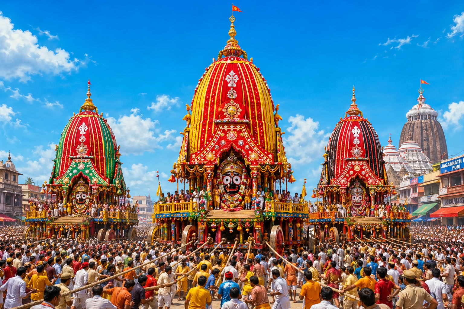 Three towering Rath Yatra chariots on wide Puri road, colorful cloth decoration, spinning wheels, blue sky, festival atmosphere, architectural illustration -- HD wallpaper