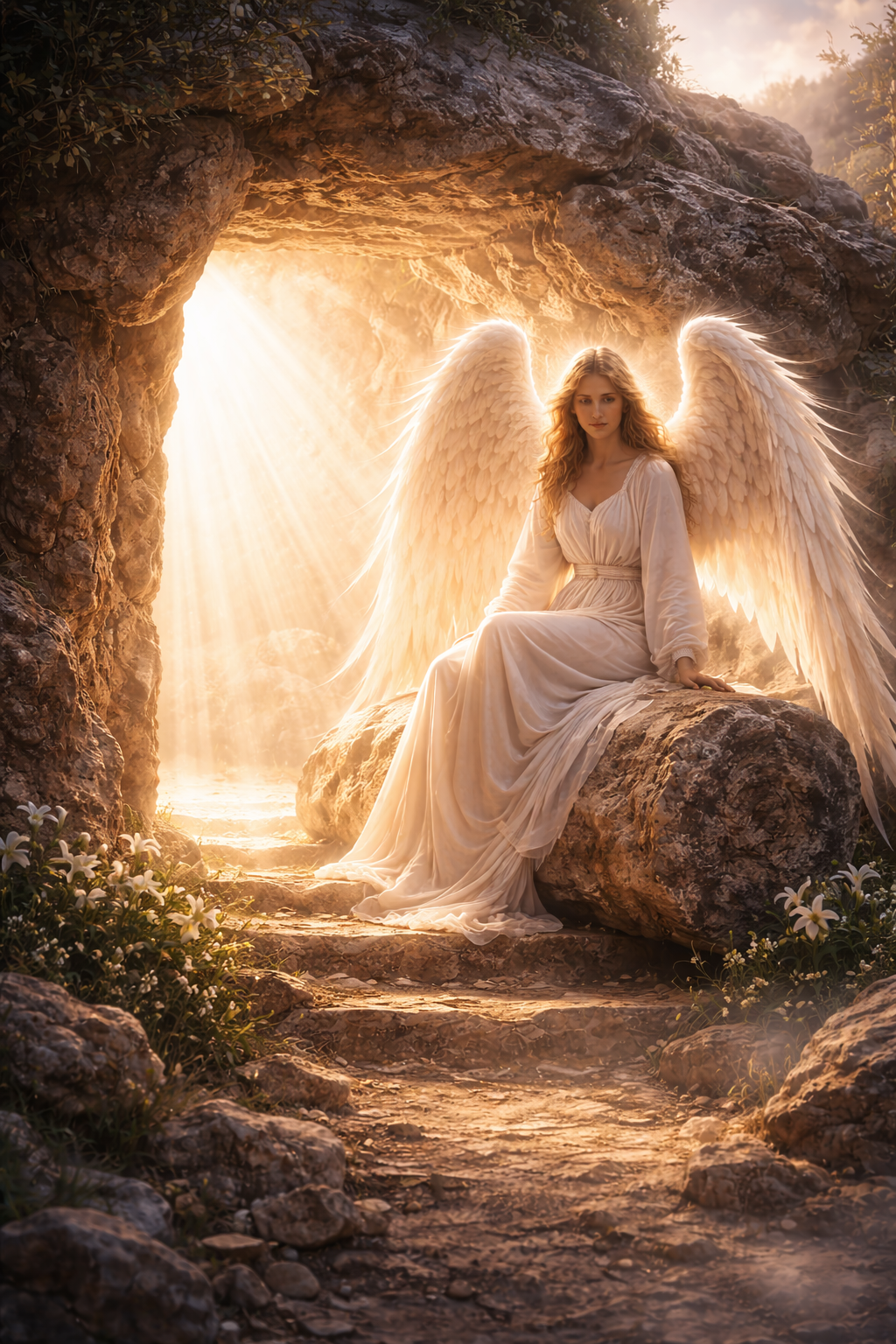 Radiant angel in white sitting on the rolled-away stone at Christ's empty tomb, brilliant divine light pouring from the open tomb, Easter morning -- HD wallpaper