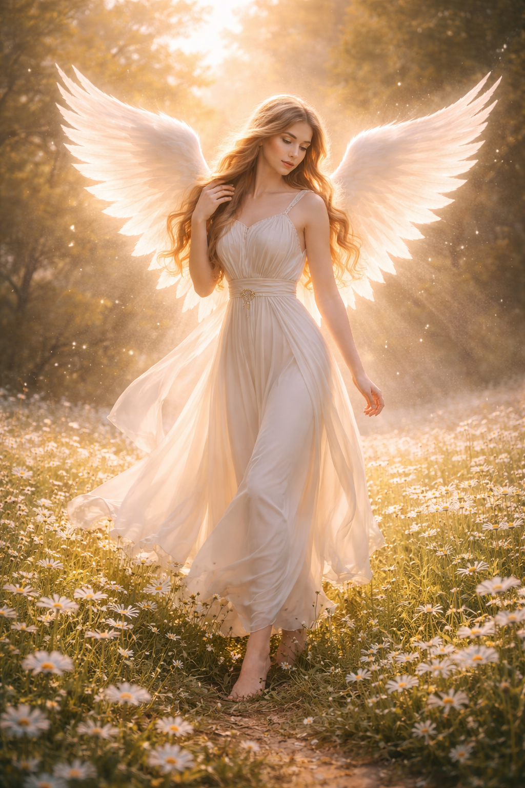 Beautiful female angel with flowing hair and white feathered wings standing in field of white flowers, soft golden backlighting, classical art style -- HD wallpaper