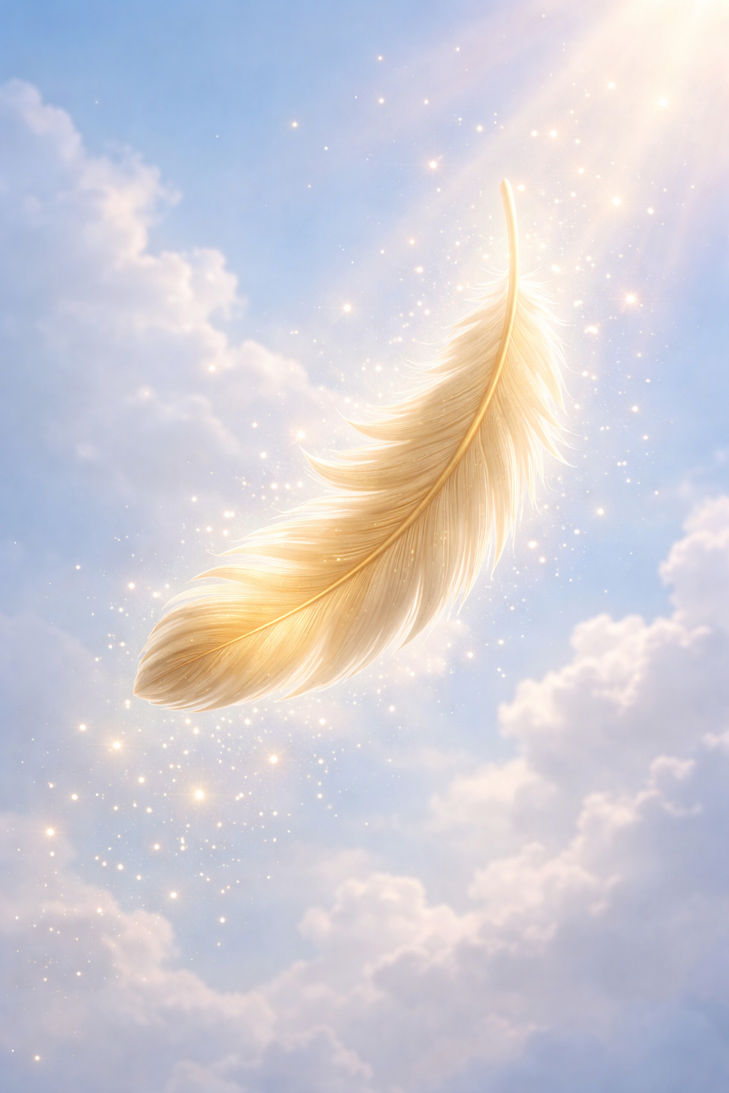 A single golden feather floating downward with sparkles of light around it against a soft blue sky, symbolic of angel's presence, minimal vertical format -- HD wallpaper