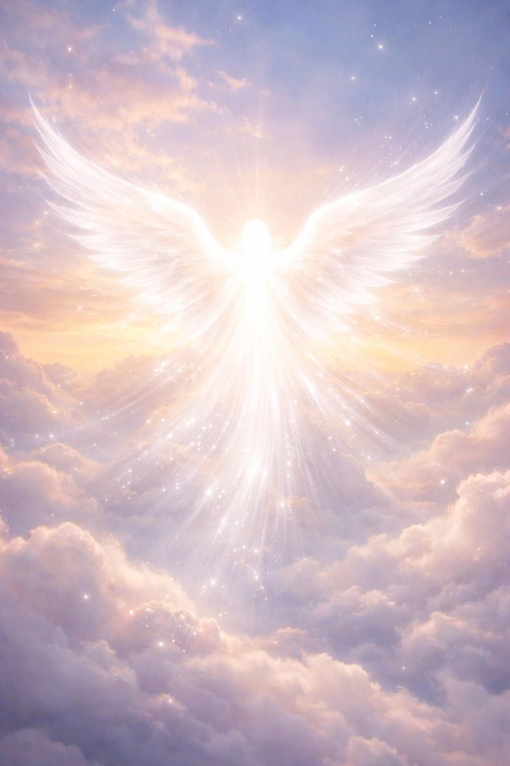 Radiant luminous angel being of pure white light with wings floating above clouds at dawn, abstract ethereal spiritual -- HD wallpaper