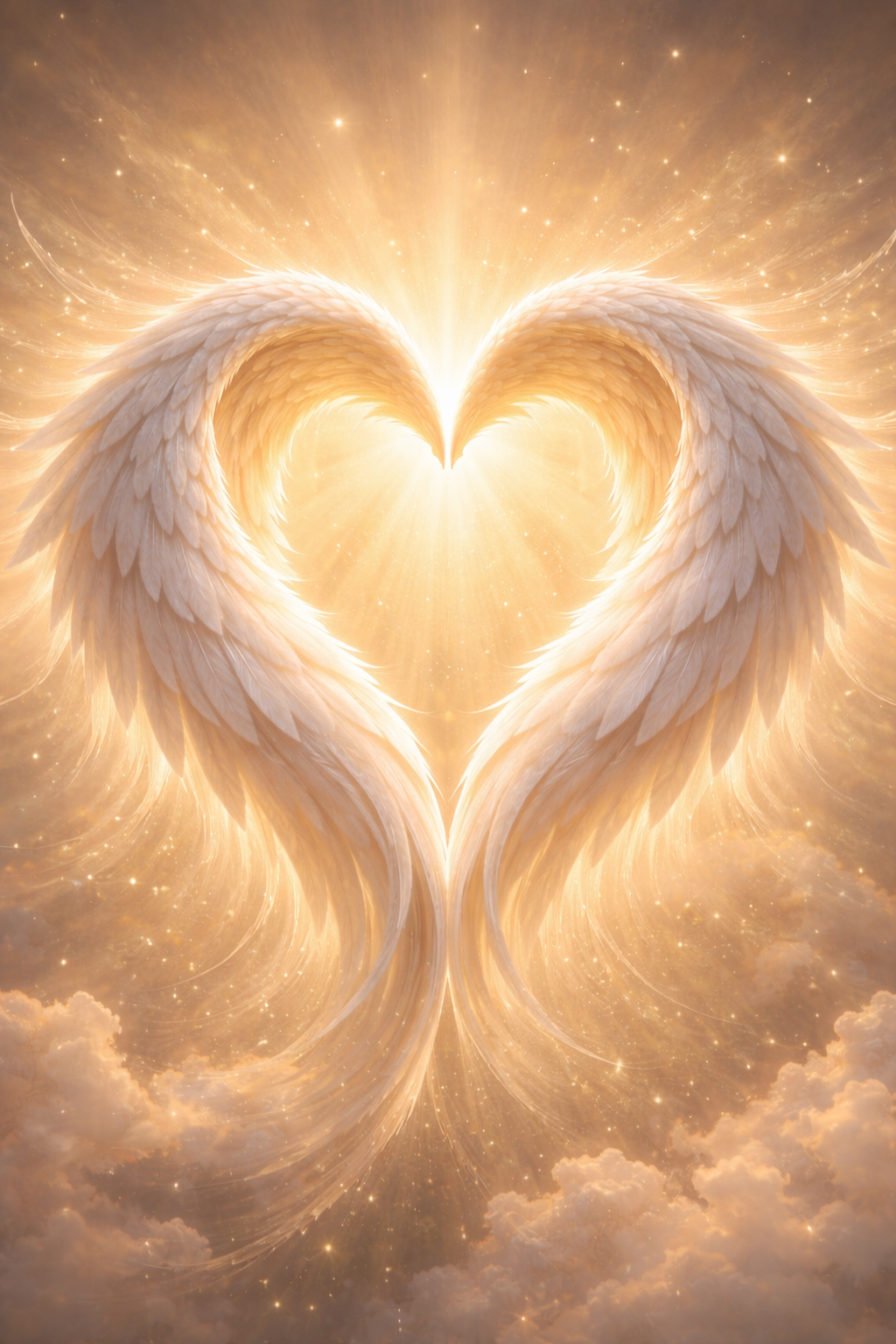 Two white feathered angel wings curving inward to form a perfect heart silhouette, golden light behind, symbolic spiritual art -- HD wallpaper