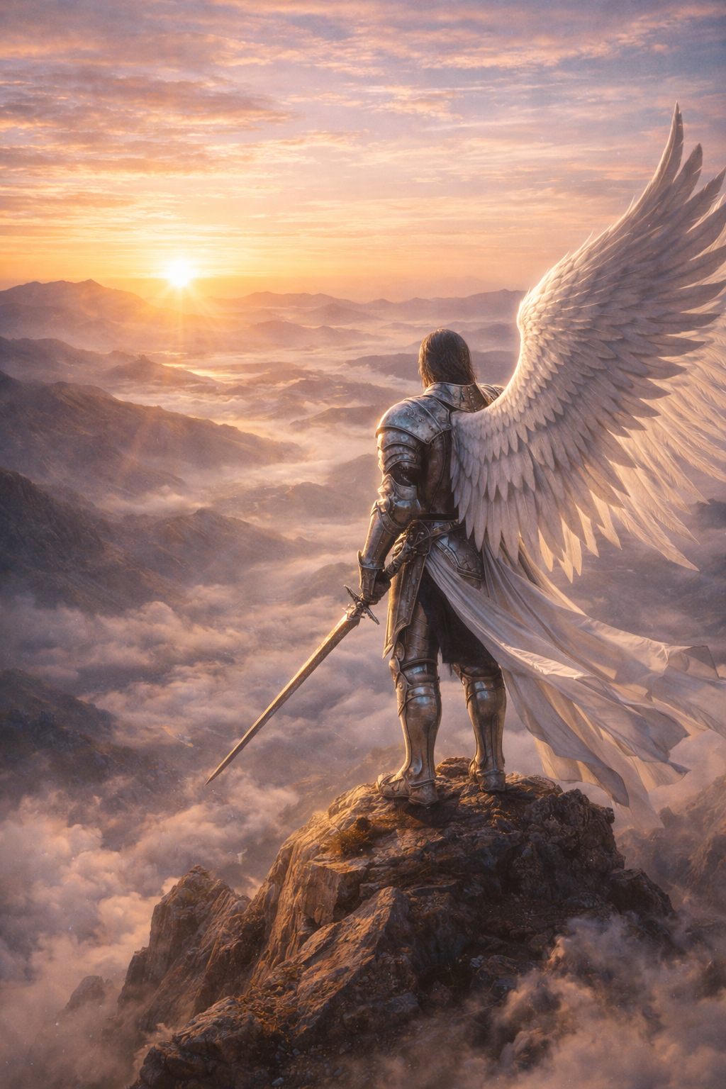 Guardian angel warrior in silver armor with large white wings standing on mountain peak at sunrise, sword sheathed, epic cinematic -- HD wallpaper