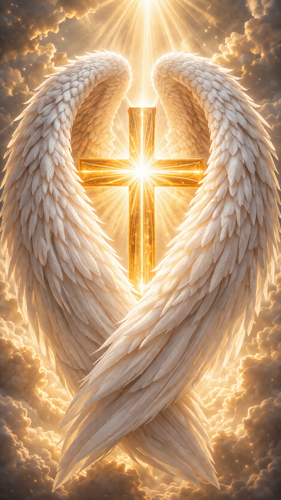 Angel wings wrapped protectively around a glowing cross from behind, white feathered wings embracing the cross, divine golden light, vertical format -- HD wallpaper