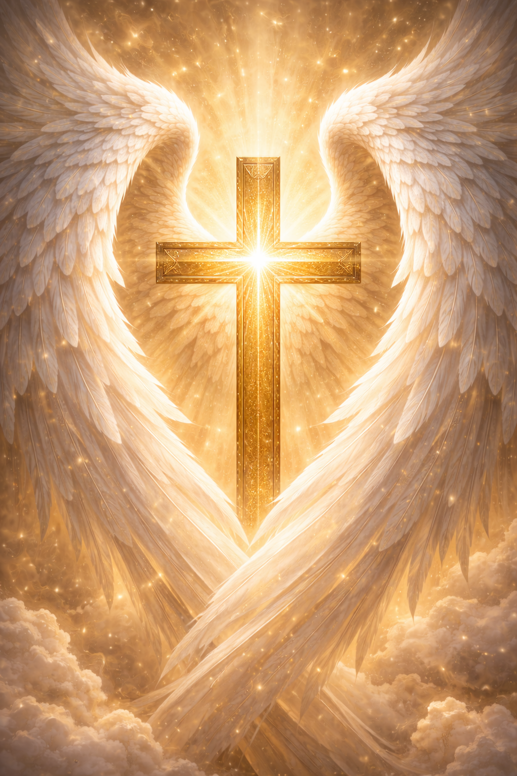 Second variant -- angel wings embracing a radiant cross with divine golden light, white feathered wings, vertical format for phone -- HD wallpaper