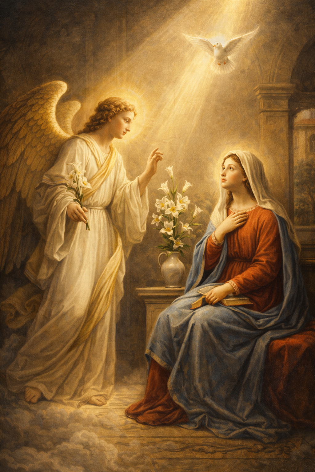 The Annunciation -- Angel Gabriel and Virgin Mary HD Wallpaper