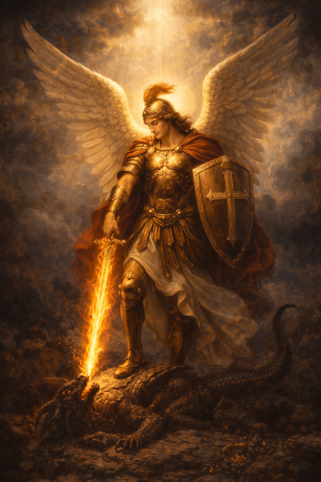 Archangel Michael — Warrior with Flaming Sword Defeating Dragon