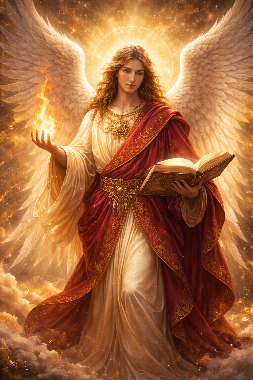 Archangel Uriel holding a flame of wisdom in one hand and a book or scroll in the other, ruby red and gold robes, large wings, fire and light -- HD wallpaper