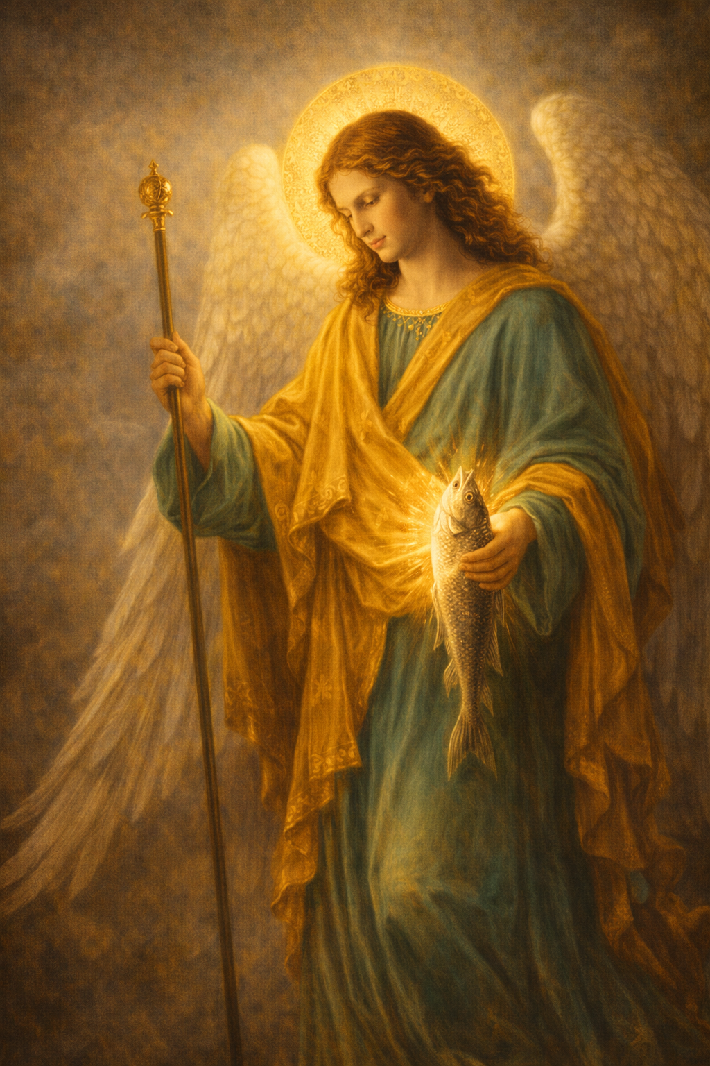 Archangel Raphael in green and gold robes with wings, carrying a staff, healing divine light from hands — HD devotional wallpaper