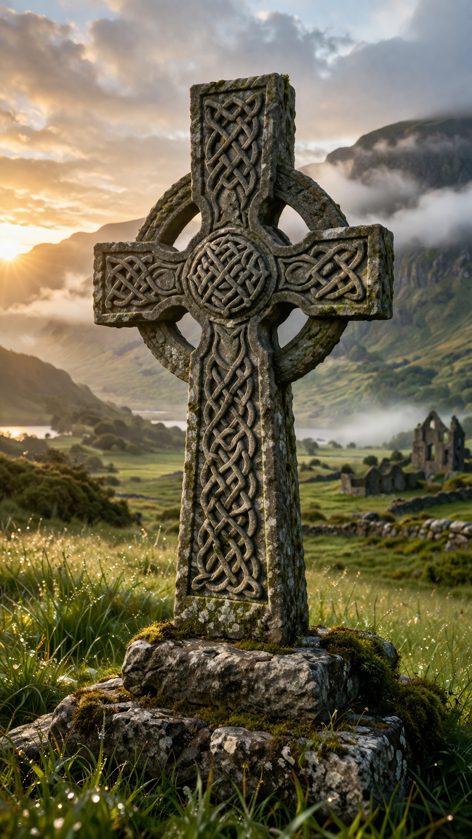 Celtic cross with intricate knotwork carved in stone, standing in Irish green meadow, misty mountains — HD photorealistic wallpaper