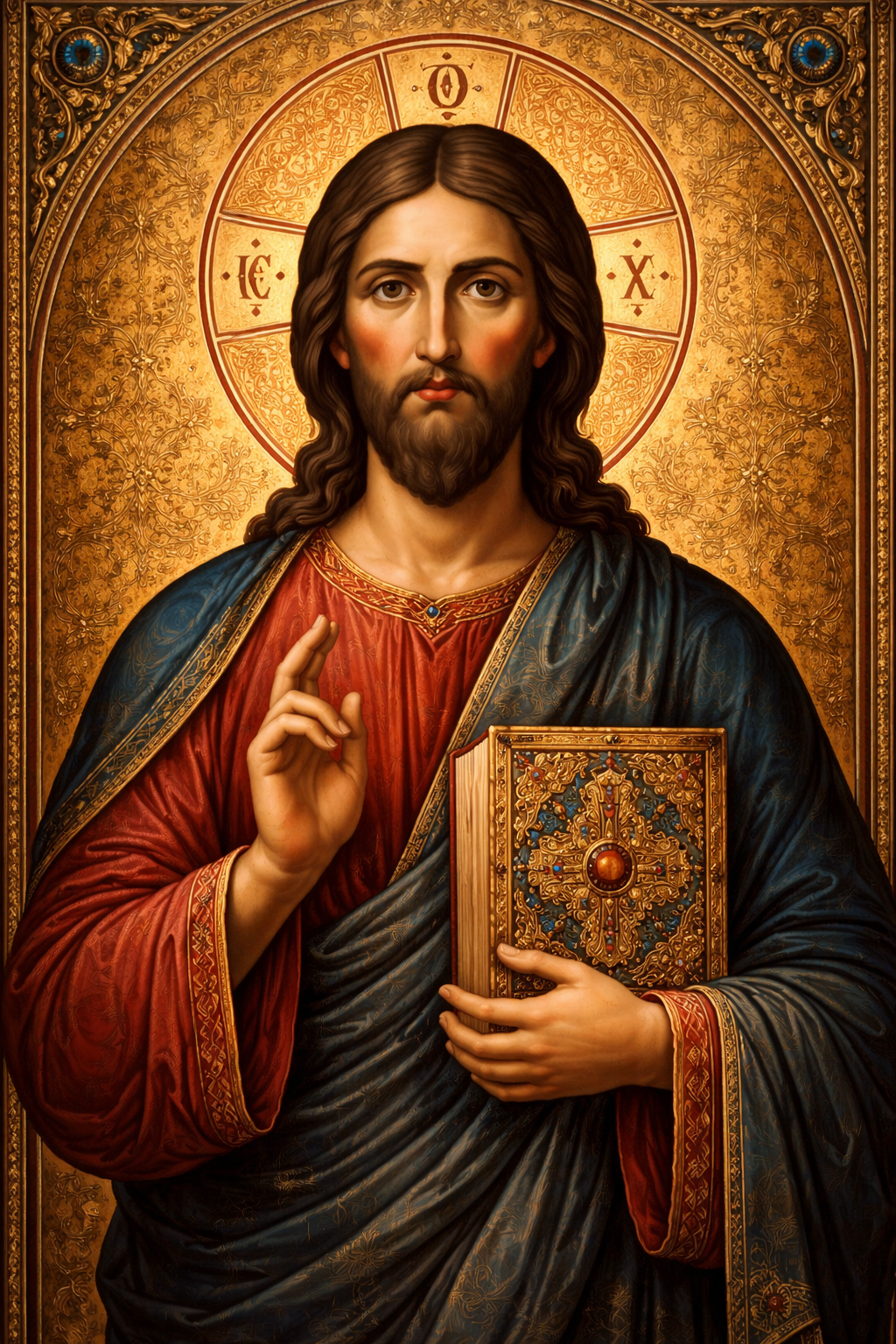 Christ Pantocrator Byzantine Orthodox icon -- Jesus Christ in frontal view, holding Gospel book in left hand, making sign of blessing with right hand, ornate gold leaf halo, rich red and blue robes -- HD icon wallpaper