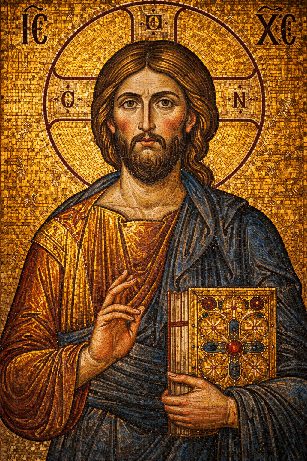 Christ Pantocrator Byzantine mosaic in Hagia Sophia style -- individual gold and colored tessera visible, Jesus with halo holding Gospel book, ancient majestic mosaic art -- HD wallpaper