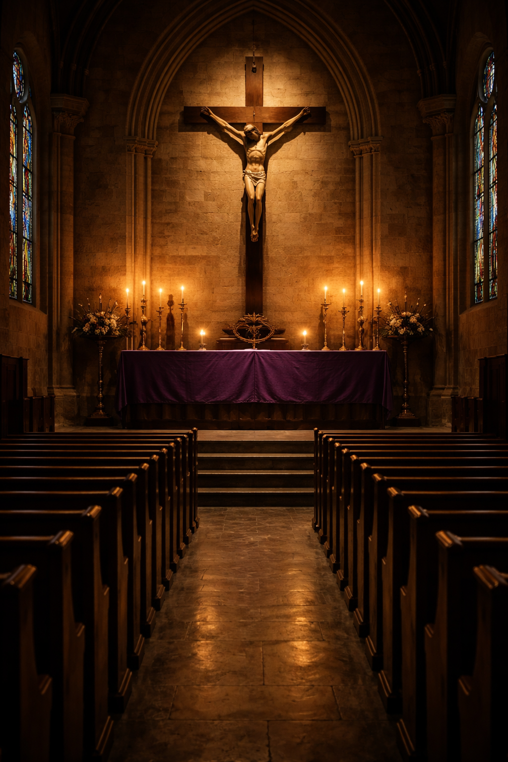Solemn church interior on Good Friday with wooden pews, purple altar cloth, dim candlelight, and large crucifix as focal point — HD architectural wallpaper