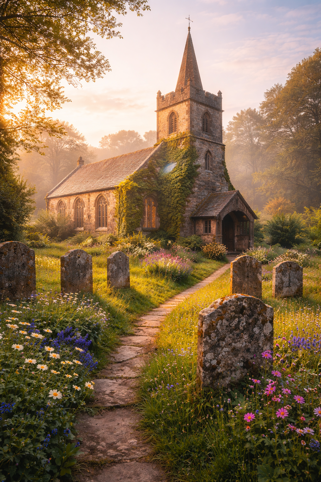 Country church in misty morning pastoral setting variant — HD countryside wallpaper