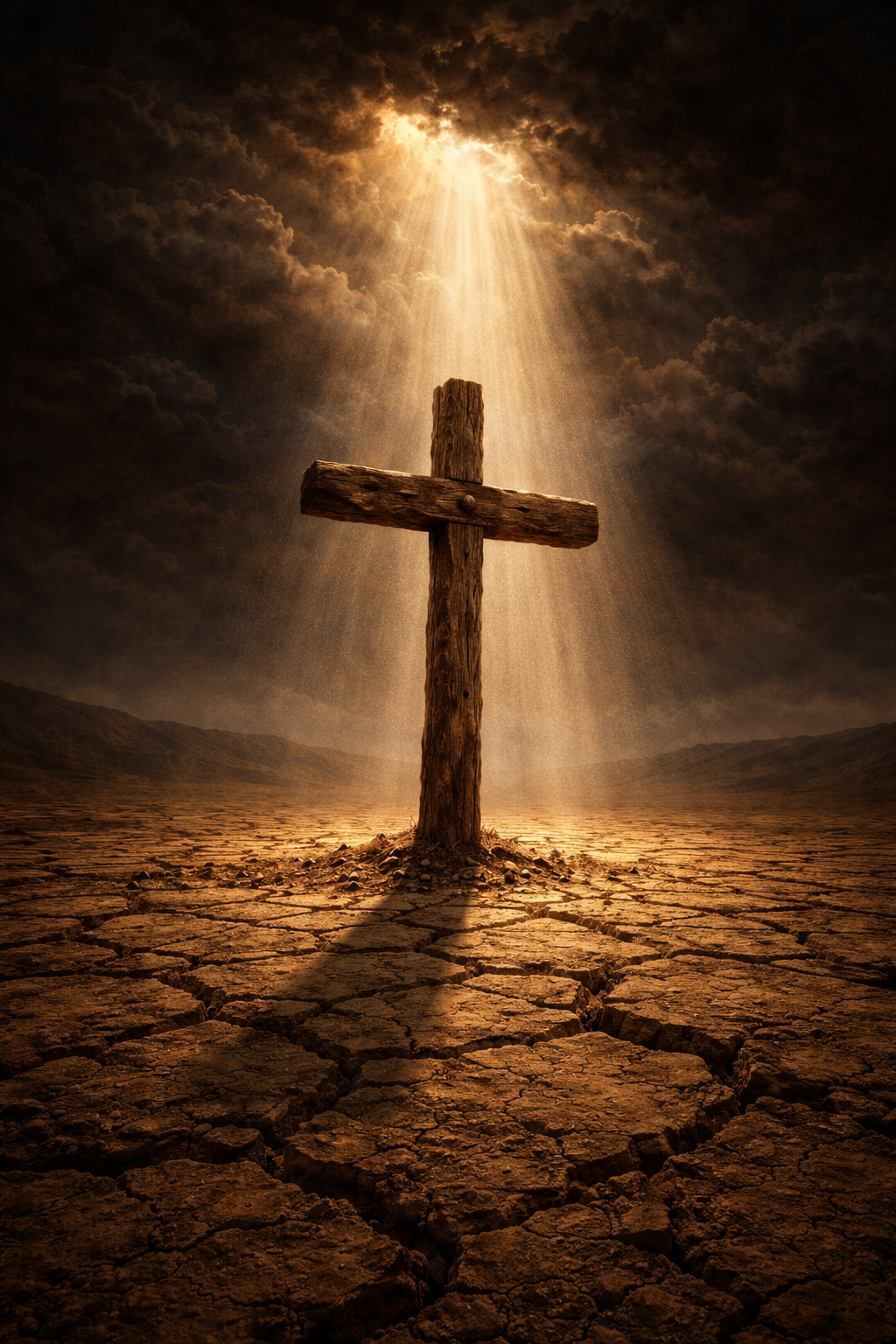 Cross Rising from Cracked Earth — Divine Light Breaking Through