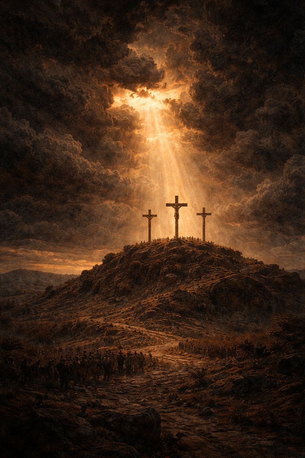 Three crosses on Golgotha hill seen from distance, tiny against a massive dramatic stormy sky with single ray of golden light — HD cinematic Good Friday wallpaper