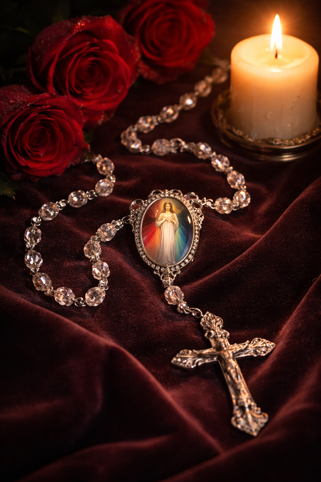 Divine Mercy chaplet rosary with medal, red roses, lit candle on dark velvet — chiaroscuro devotional still life wallpaper