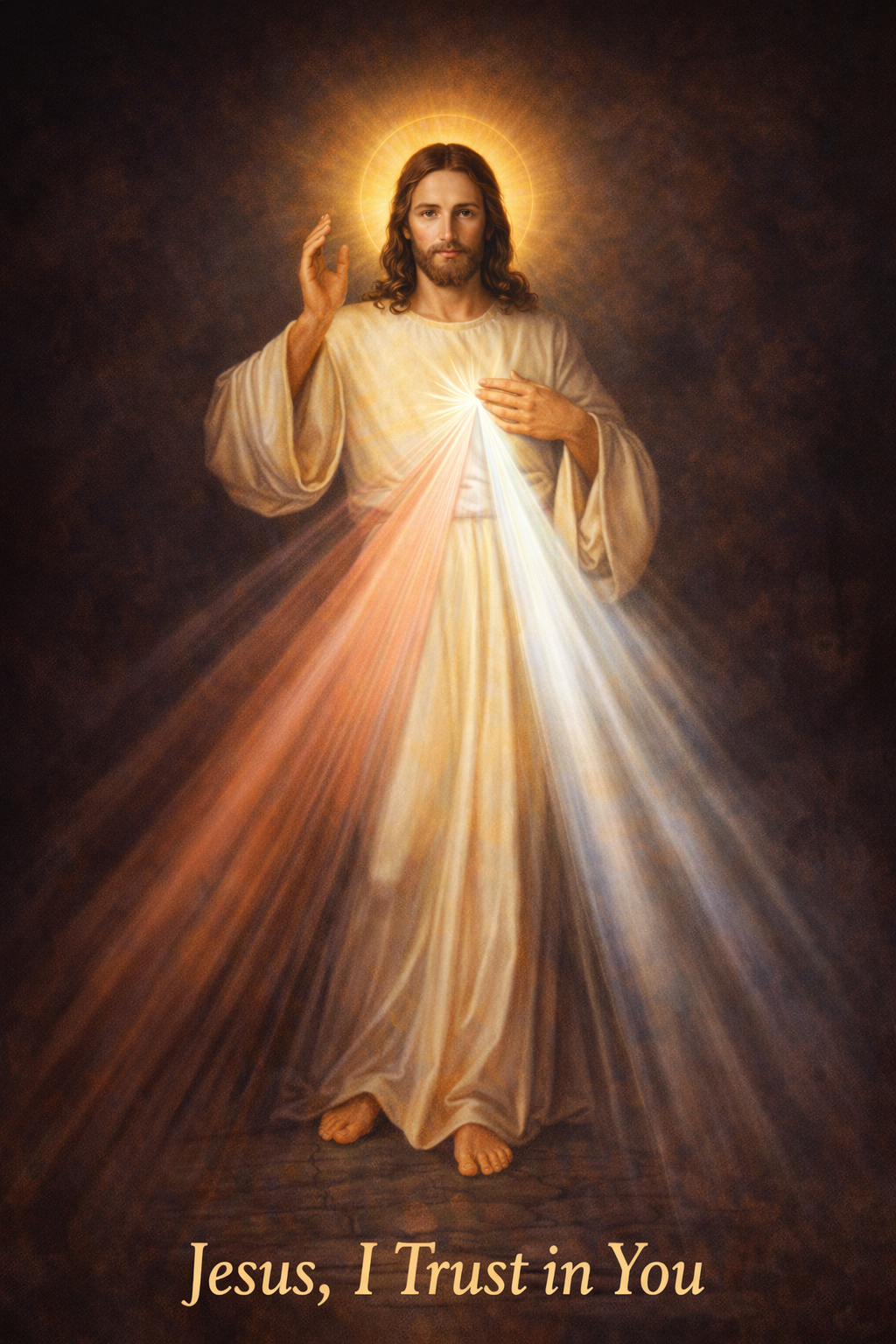 Divine Mercy of Jesus — white robe, red and pale blue rays from heart, right hand raised in blessing, "Jesus I Trust in You" text — HD Catholic wallpaper