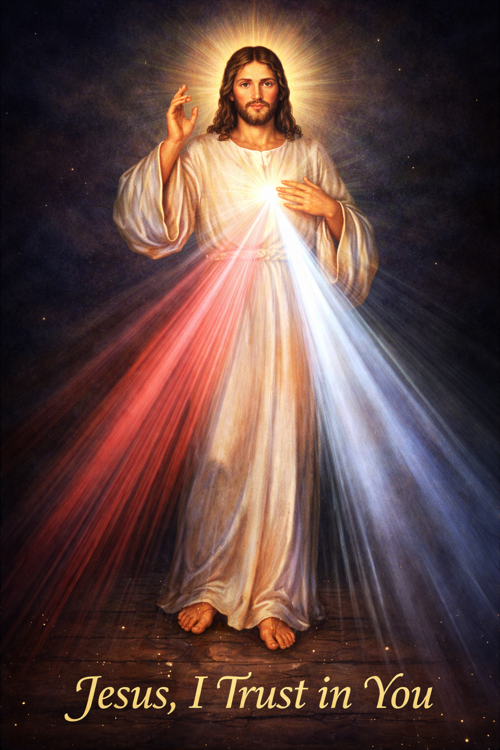 Divine Mercy of Jesus -- Jesus in white robe walking toward viewer with arms outstretched, red and pale blue rays streaming from his heart, radiant divine light surrounding him, dark background -- vertical 9:16 HD wallpaper