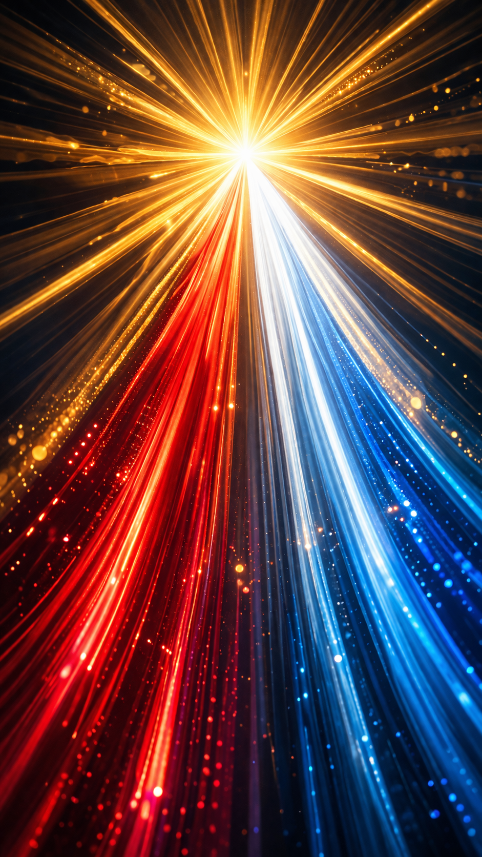 Divine Mercy rays abstract variant — red and blue light burst radiating outward, gold accents — HD devotional wallpaper