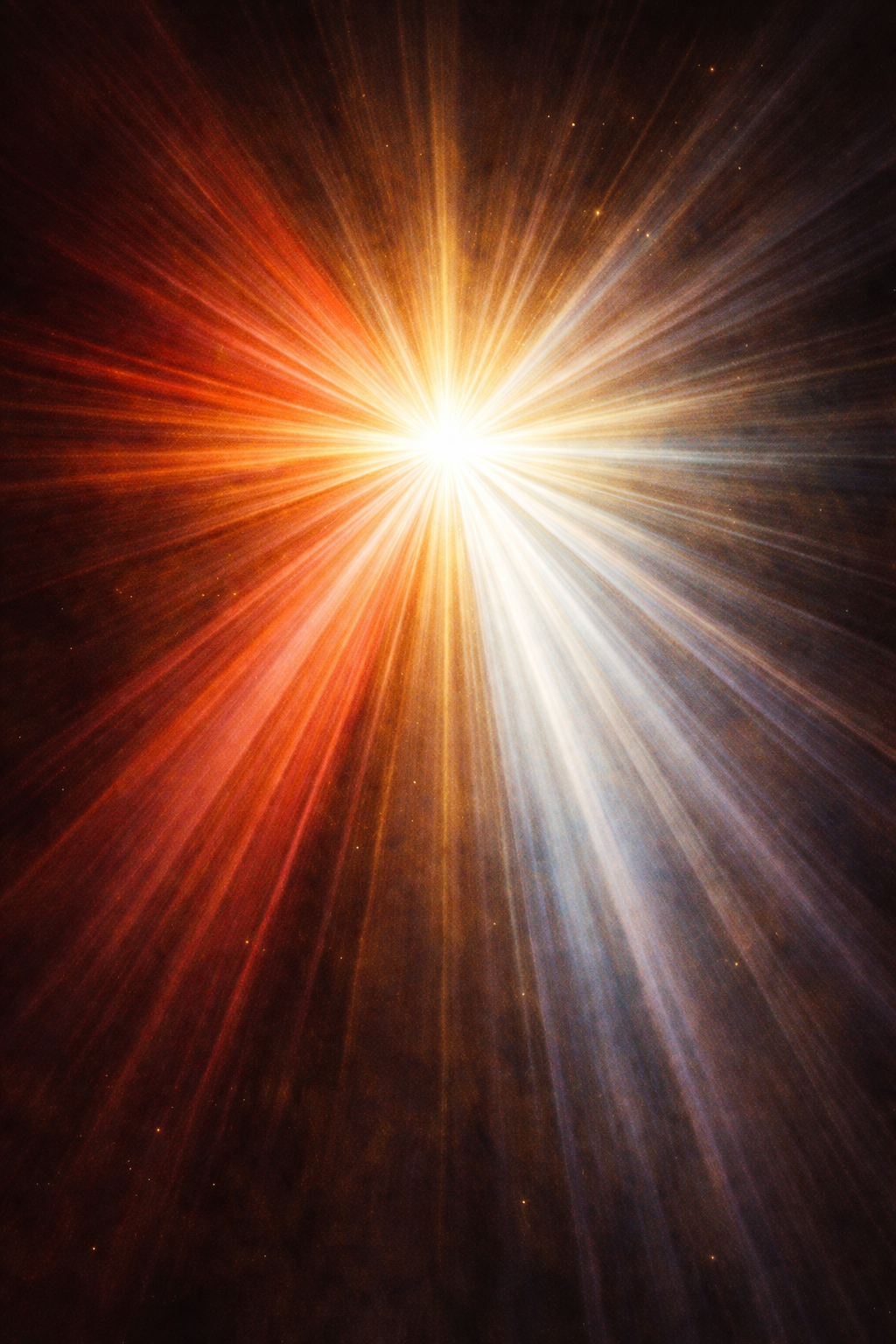 Divine Mercy rays — red and pale blue light emanating from central point, dramatic starburst against dark background — HD abstract devotional wallpaper