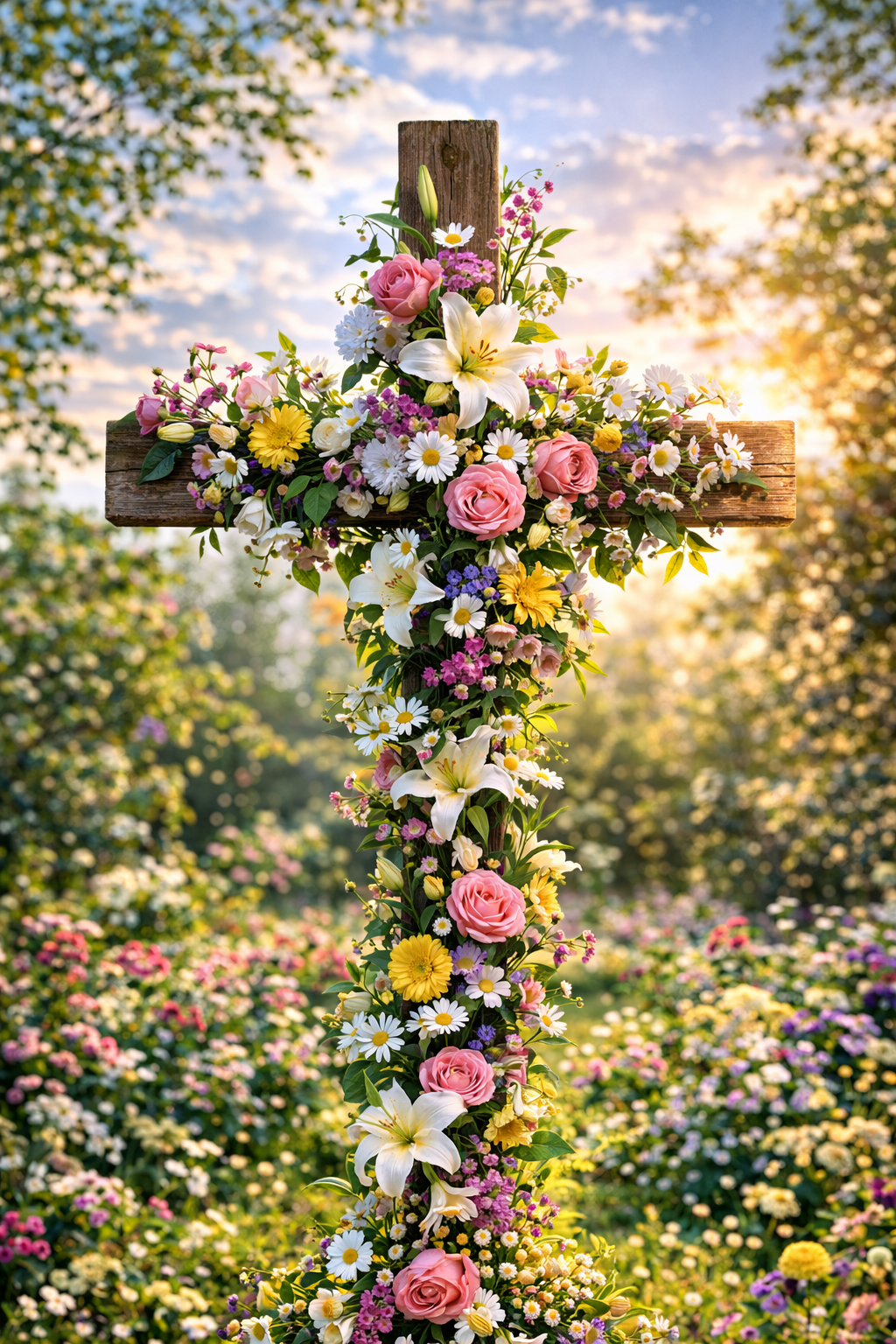 Wooden Easter cross wrapped with roses, lilies, daisies and spring blossoms in a morning garden — HD Easter devotional wallpaper