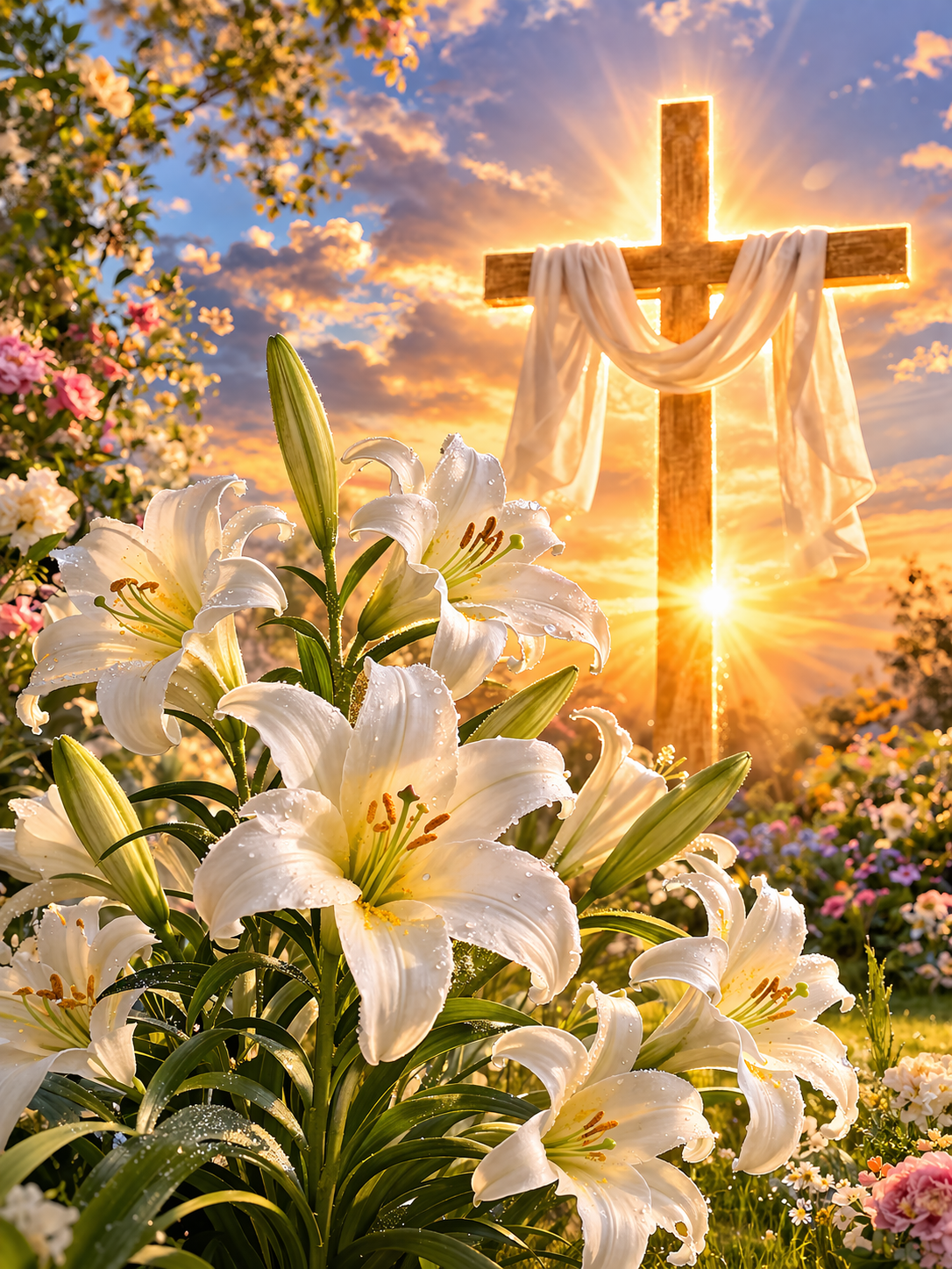Wooden Easter cross draped with white cloth, surrounded by white lilies and spring flowers, brilliant sunrise and lens flare — HD Easter wallpaper