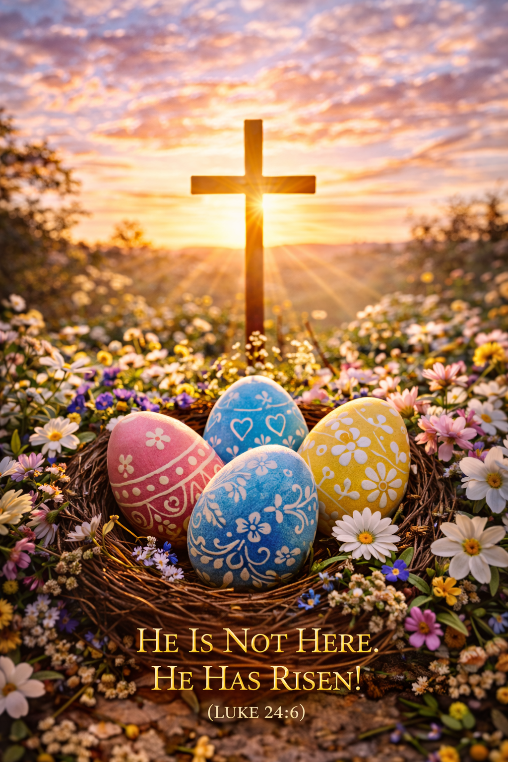 Easter Eggs and Cross at Dawn — Family-Friendly Celebration